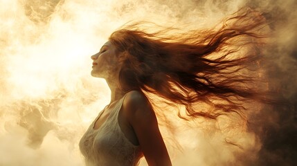 Golden Hair, Serene Beauty: A Woman's Portrait in Smoky Haze