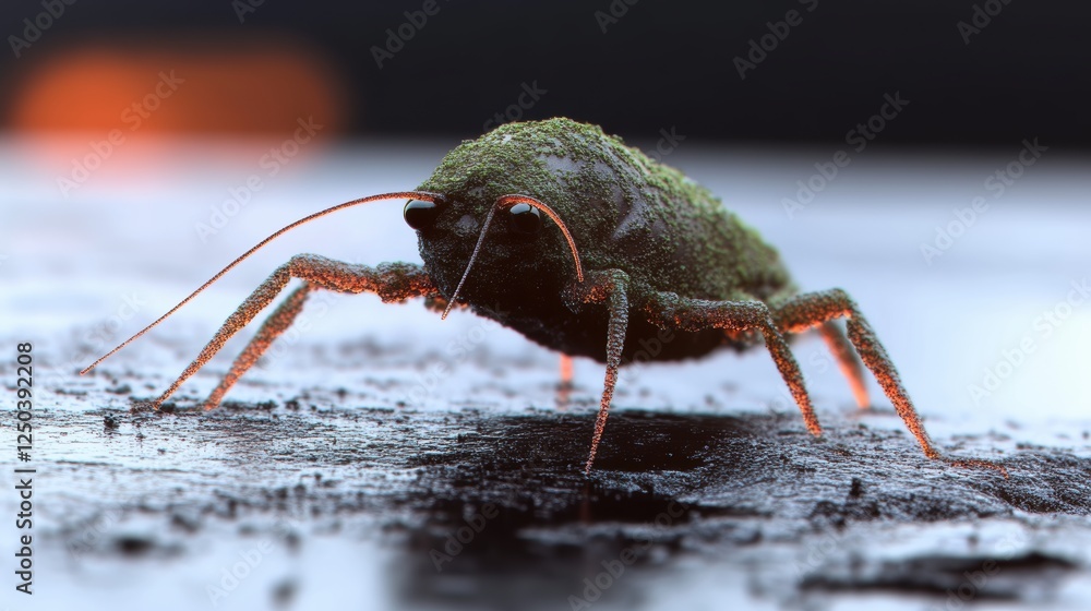 Poster a detailed close-up of a textured insect-like creature on a surface.