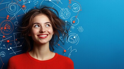 Cheerful young woman with dynamic hairstyle against a blue background featuring abstract designs