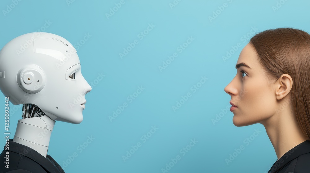 Poster human and robot interaction symbolizing future technology and ai