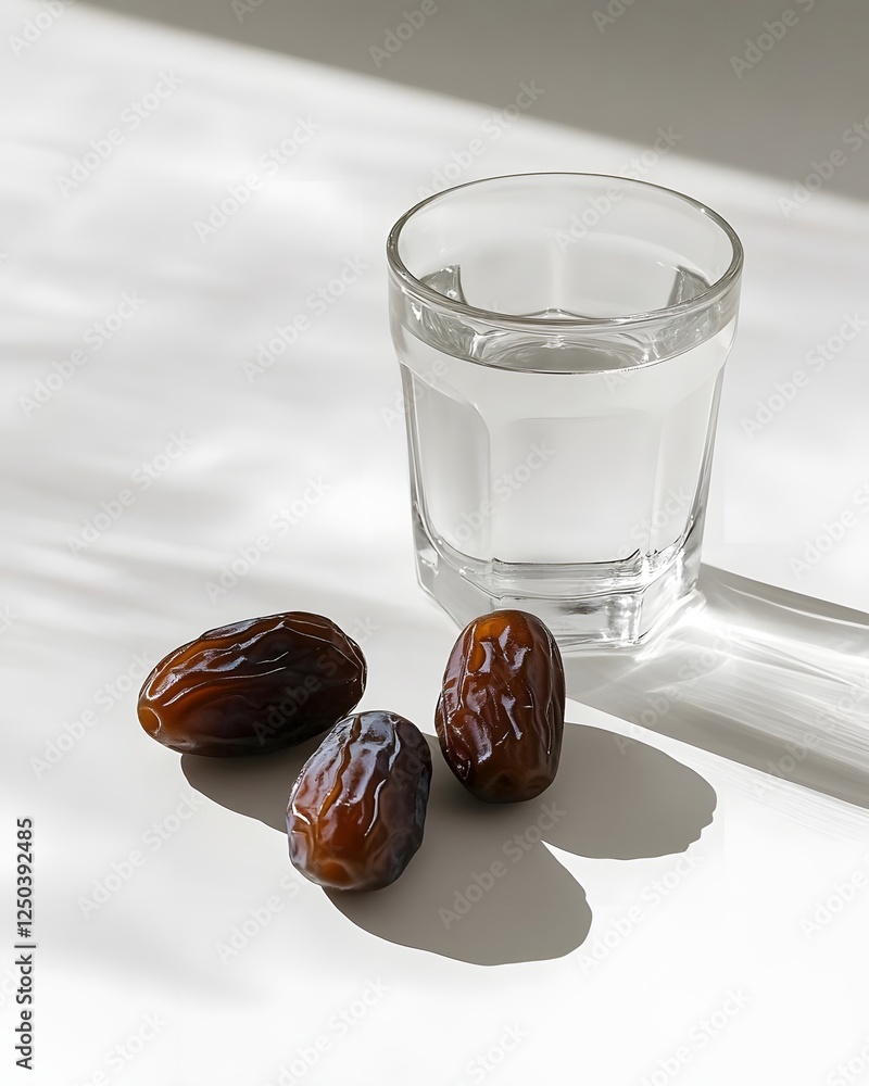 Poster glass of clear liquid beside three dates on a light surface, with soft shadows creating a serene amb