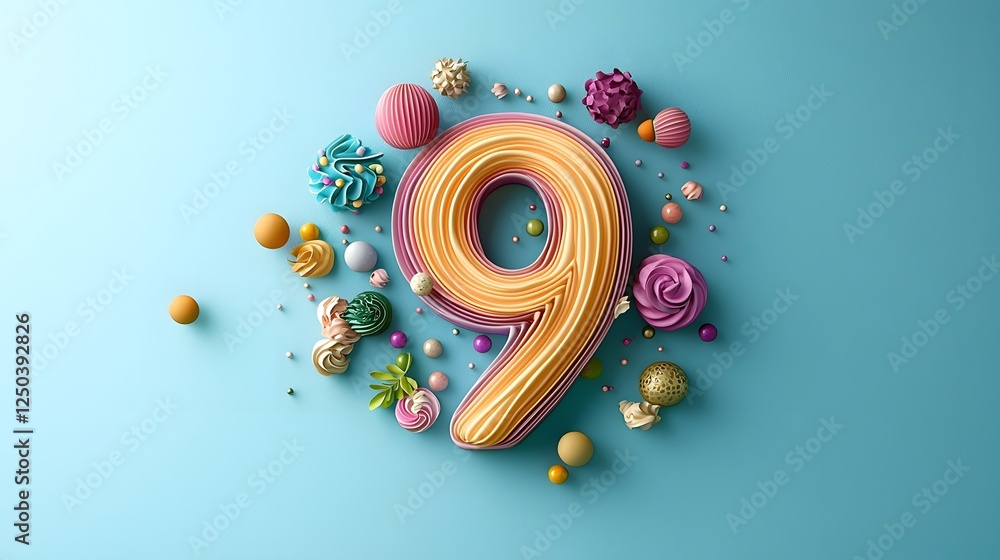 Aufkleber captivating 3d render of a colorful and playful number 9 design surrounded by an assortment of decor