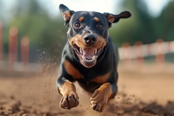 A lively Doberman sprints through a field, ears flapping in the wind, the embodiment of joy and freedom, portraying the energetic spirit that a dog represents in life.
