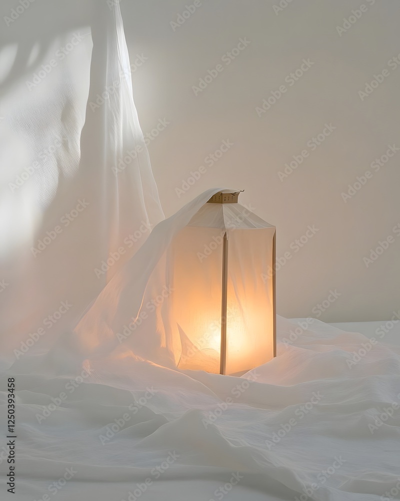 Poster softly illuminated lantern draped in white fabric, creating a serene atmosphere in a minimalist sett