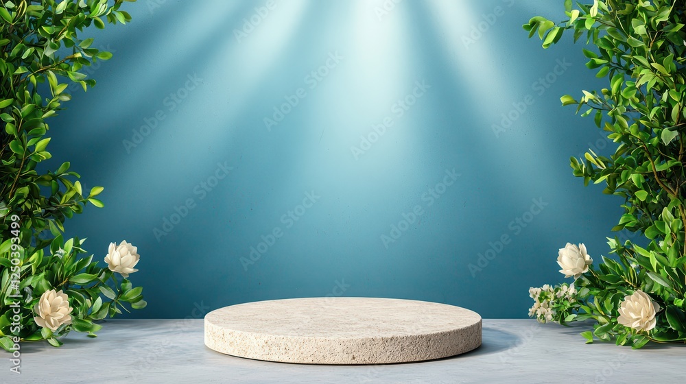 Poster elegant display platform surrounded by greenery and soft lighting
