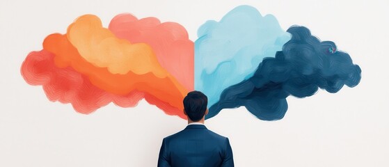 Contemplating choices man facing colorful thought clouds indoor creative space side view