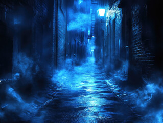 Fototapeta premium A mysterious dark alley with damp asphalt glistening under the glow of streetlights, surrounded by swirling smoke and deep blue shadows 