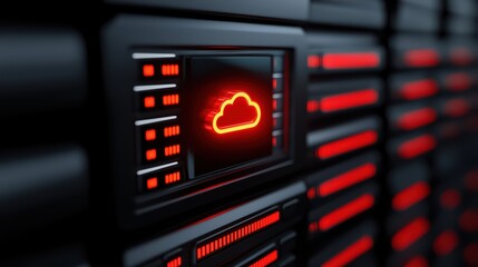 Digital Cloud Storage Icon on a Futuristic Server Panel Display