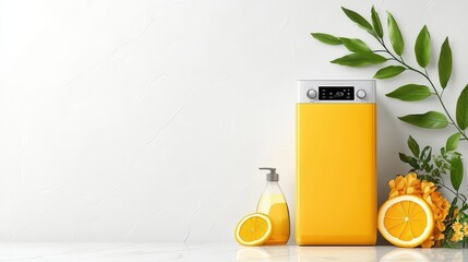 Bright Yellow Refrigerator with Lemons and Greenery on White Background