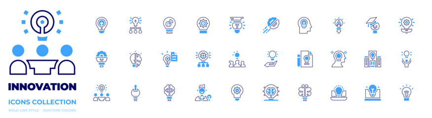 Innovation icon collection. Bold line style. Duotone colors. lightbulb, innovation, idea, engineering, brain, emergingindustries, business