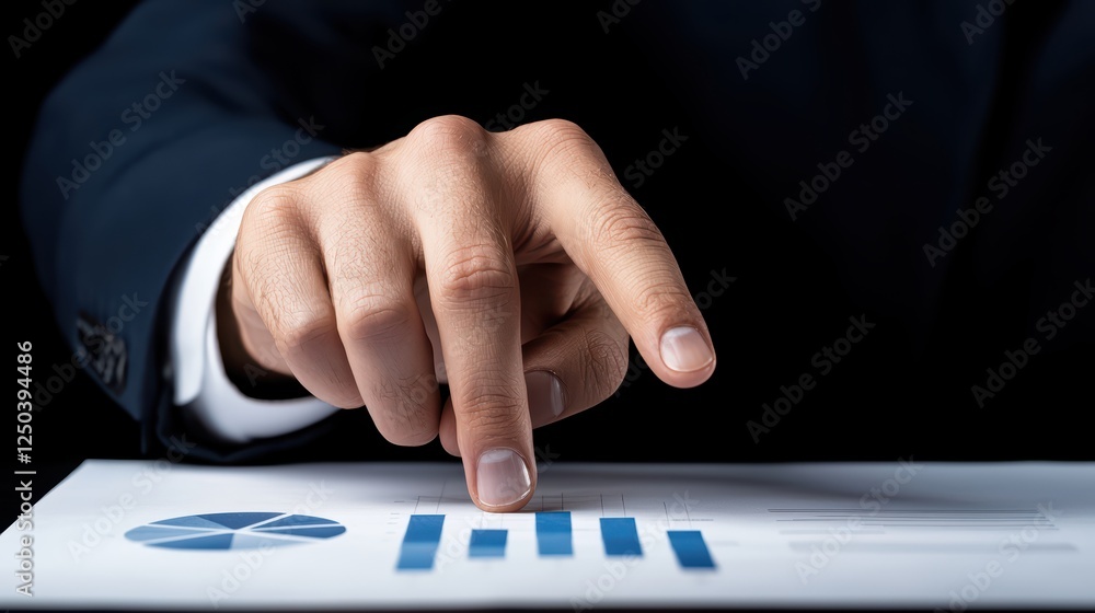 Poster businessman analyzing data with graphs and charts on tabletop