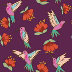 Humming birds, Seamless pattern, spring, summer, birds and flowers, pink, abstract, endless, all over print to use textile, fabric, clothing, backdrop, wallpaper, home textile, clothing, fashion
