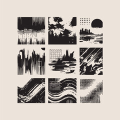 Vector abstract black and white textures set featuring distorted