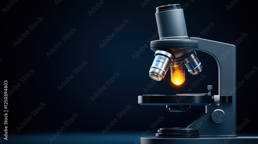 Poster close-up view of laboratory microscope with illuminated objective lens