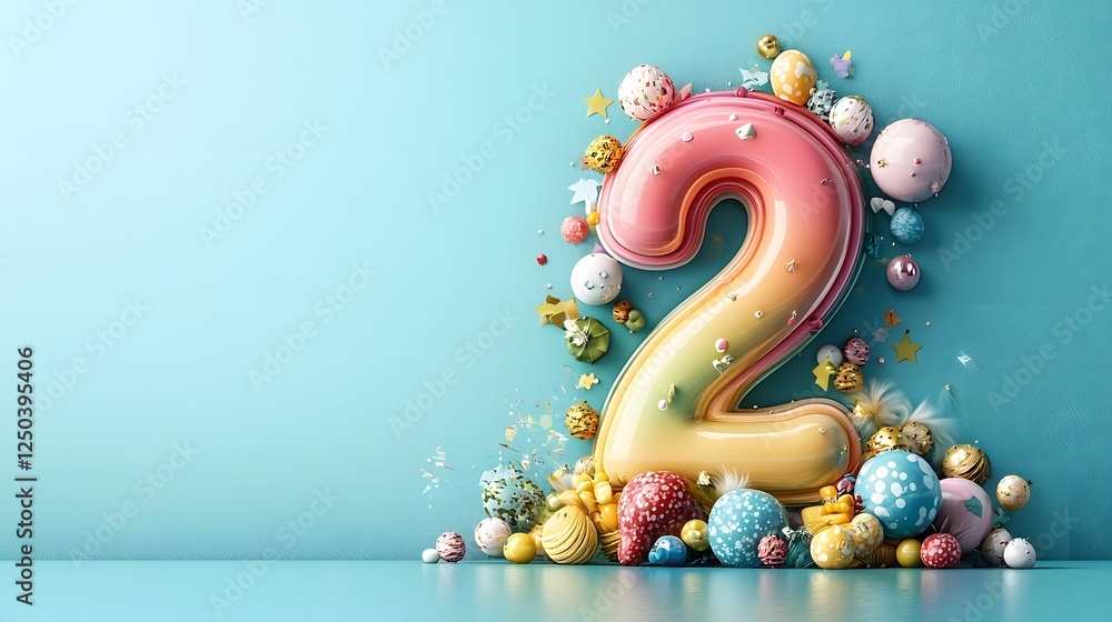 Poster festive number two birthday with a display of colorful balloons confetti and other a joyful and chee