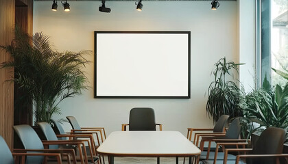 Meeting room featuring an empty display with a white blank frame mockup. A modern business office reception background with copy space.