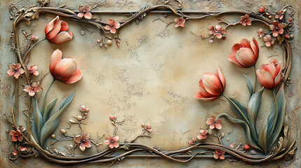  Vintage floral 3d sculptural frame with Victorian style tulips, relief pattern, spring, romance, elegance, card, invitation, wedding, decoration, art.