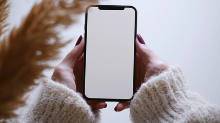 Person holding a smartphone with a blank screen, surrounded by soft textures and neutral tones