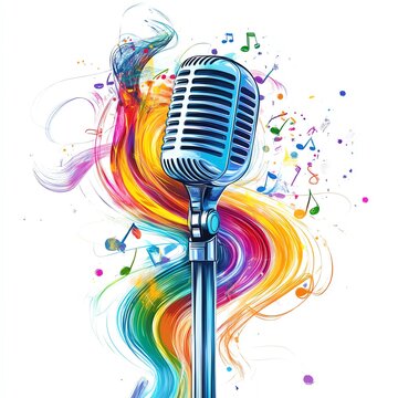A vibrant microphone surrounded by colorful musical notes and swirling patterns.