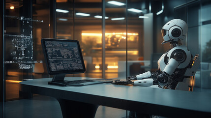 Futuristic artificial intelligence robot working as a data analyst or cybersecurity specialist in a high-tech office environment, surrounded by multiple computer screens displaying complex code