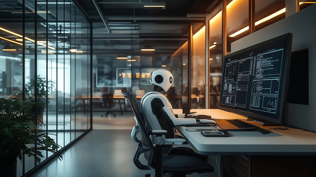 Futuristic artificial intelligence robot working as a data analyst or cybersecurity specialist in a high-tech office environment, surrounded by multiple computer screens displaying complex code