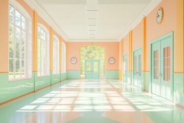 3D rendering of a vibrant kindergarten hallway with colorful wall panels, daylight streaming through windows, and cheerful decor.