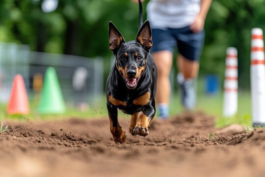 An energetic dog joyfully runs through an agility course during training, displaying enthusiasm and athleticism in a vibrant, well-maintained outdoor setting.
