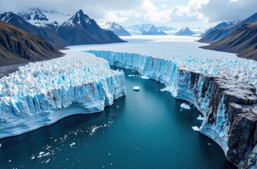 Aerial flight in glacier canyon frozen ocean bay in Antarctica. Winter landscape wild nature. Glacier giant ice wall towering above rocky ocean coast. Polar environment. Travel beautiful South Pole