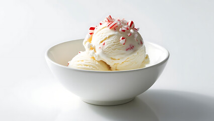 Close-up of a bowl with vanilla ice cream. Top with strawberries and spoon. which is a delicious dessert
