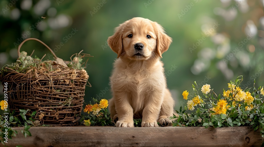Poster adorable golden retriever puppy sitting in a field of yellow flowers with a rustic wicker basket in 