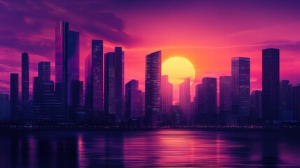 Fototapeta premium Cyberpunk cityscape silhouette at sunset with vibrant pink and purple sky