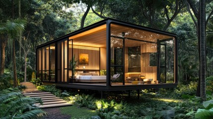 A minimalist cabin made of steel and wood boasts panoramic windows with views of a dense forest. Serene living, harmony with nature. Modern design, woodland retreat.
