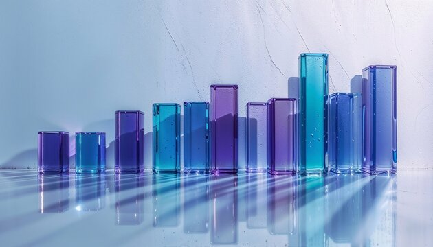 "Crystal-clear transparent bar graph in shades of teal and violet, casting elegant reflections on a matte white background, ultra-realistic textures and high-definition."
