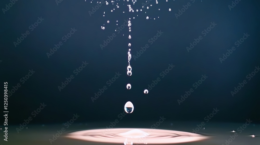 Poster a close-up of water droplets falling and creating ripples on a surface.