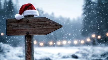 Snowy landscape with a wooden sign wearing a Santa hat, festive atmosphere with blurred lights