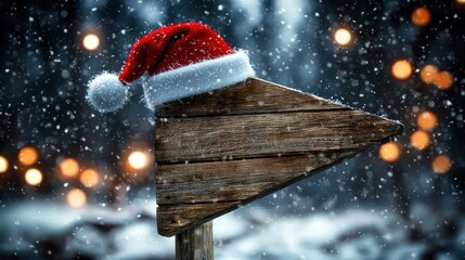 Fototapeta premium Wooden sign adorned with a festive Santa hat in a snowy landscape with twinkling lights