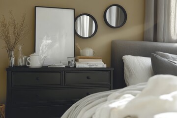 Scandinavian-style bedroom with black metal storage cabinet, round mirrors, white poster frame, soft grey fabric headboard, and cozy decor elements.