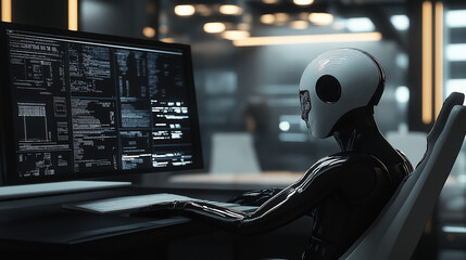 Futuristic artificial intelligence robot working as a data analyst or cybersecurity specialist in a high-tech office environment, surrounded by multiple computer screens displaying complex code