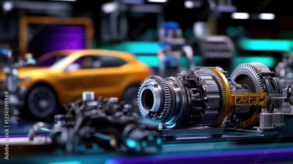 Poster a detailed view of automotive components in a workshop setting.