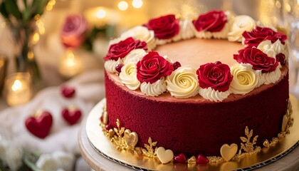 Valentine's Day Party red velvet cake decorated with roses and gold accents on a romantic table