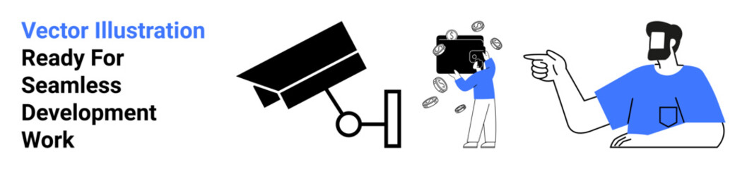 Surveillance camera monitoring, a businessperson holding a briefcase with coins, and a figure pointing. Ideal for security, workplace, finance, technology, business, strategy flat landing page