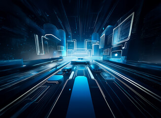 Futuristic digital space featuring glowing blue lines and geometric forms, creating a sense of depth and advanced technology.