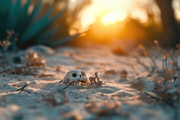 Obraz premium A small animal skull rests in the sand during a sunset, surrounded by desert plants.