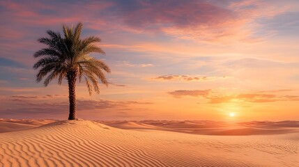Breathtaking sunset over a vast arid desert landscape with a solitary palm tree silhouetted against the warm vibrant sky  The serene tranquil scene evokes a sense of peace and adventure