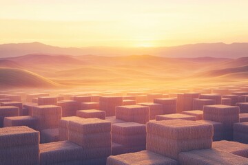 Obraz premium Sunset over a vast field of neatly stacked square hay bales in a rolling landscape.