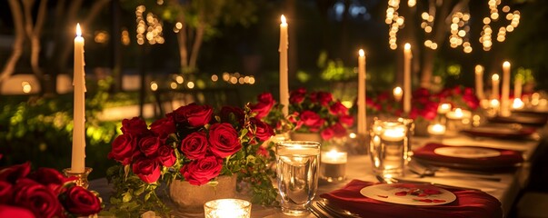 Valentine's Day Party romantic dinner setup with candles, red roses, and soft lighting in the background