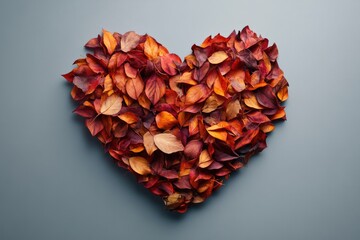 Autumn leaves arranged in a heart shape on a gray background, symbolizing love and the season.
