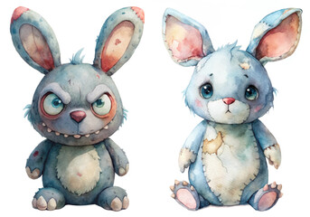 Cute cartoon bunnies, watercolor style, playful characters, whimsical design, children's illustration, adorable animal art.