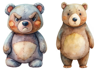 Fototapeta premium Cute cartoon bears, watercolor style, playful characters, children's illustration, animal art, friendly design.