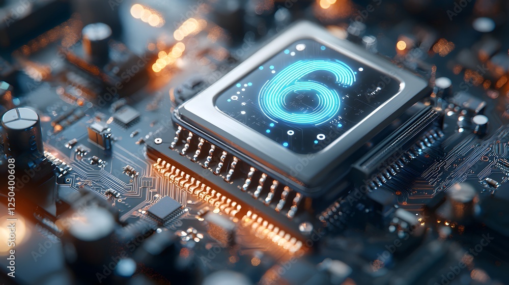 Poster macro close up shot of a futuristic and highly advanced electronic circuit board with a prominent di